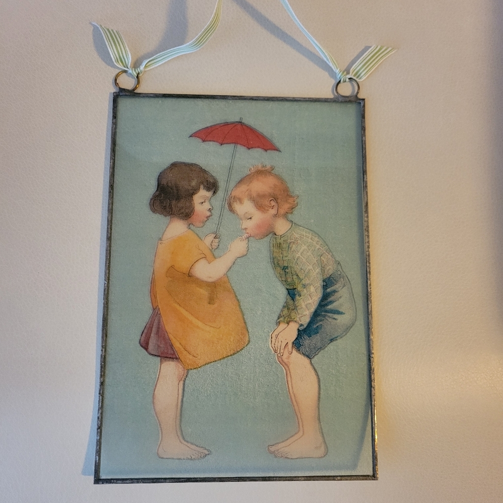 Whimsical Art Glass Boy & Girl ~ Sweet Reverse Painting or Transfer ~ Springtime